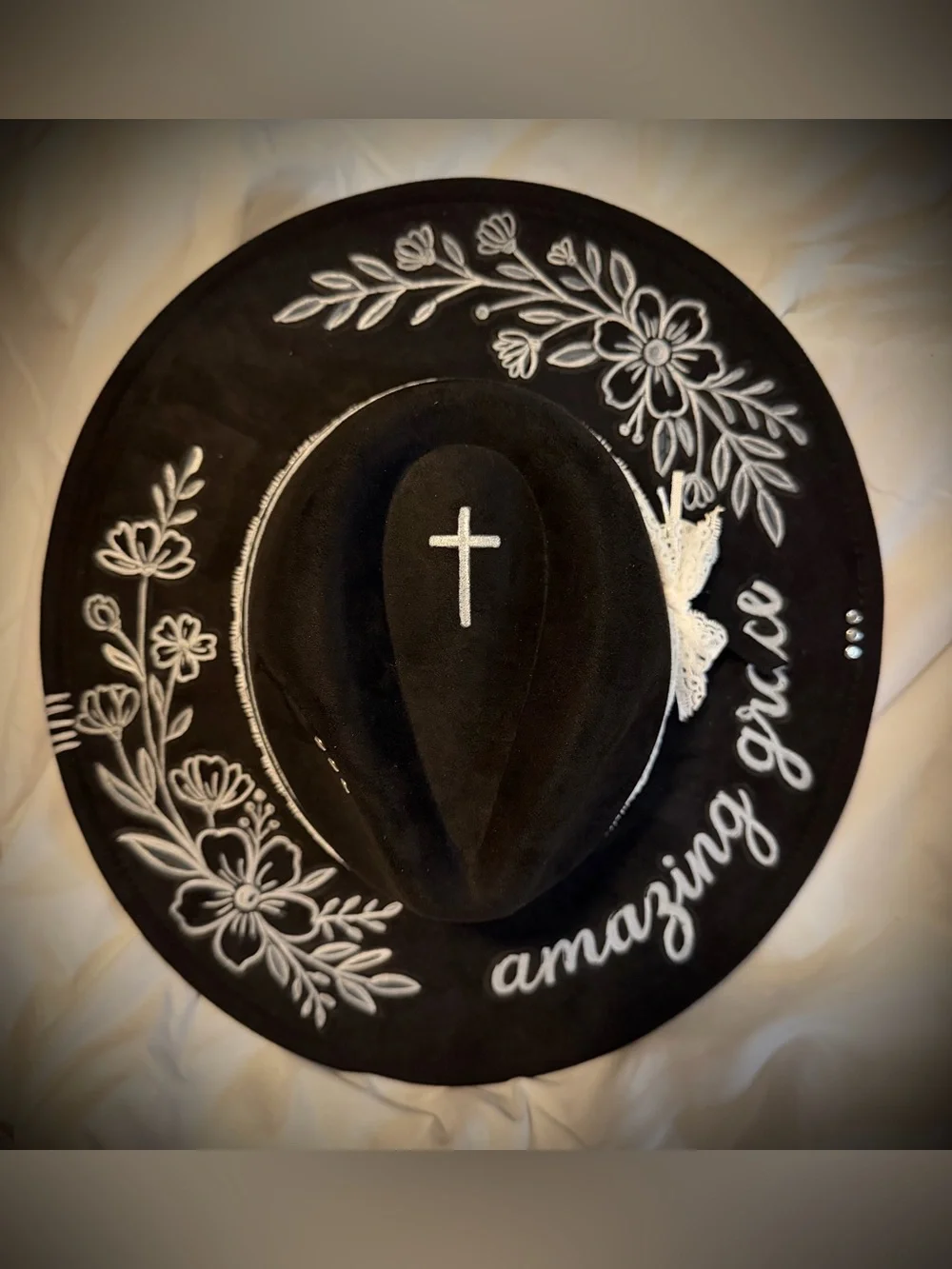 Black Vegan Suede Hat with hand painted White Floral Script